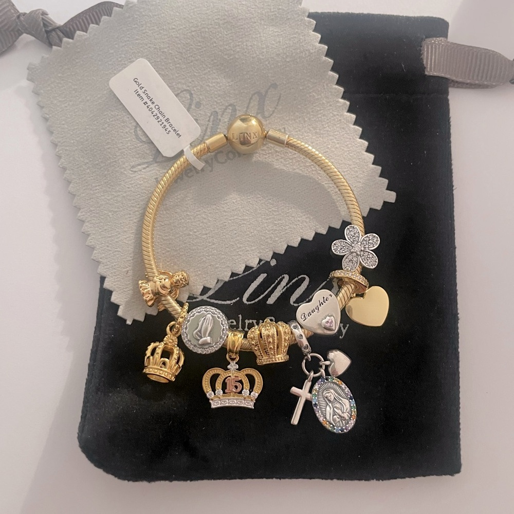 Linx Yellow Gold Snake Chain Bracelet with Quinceanera 15th Birthday Charms